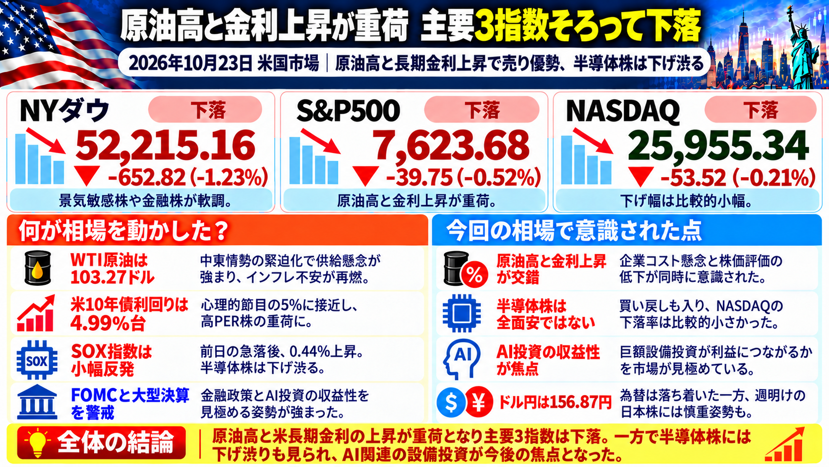 2026年10月23日の米国市場まとめ。NYダウ、S&P500、NASDAQはいずれも下落し、原油高と長期金利上昇が重荷となった一方、半導体株は下げ渋ったことを整理した画像。