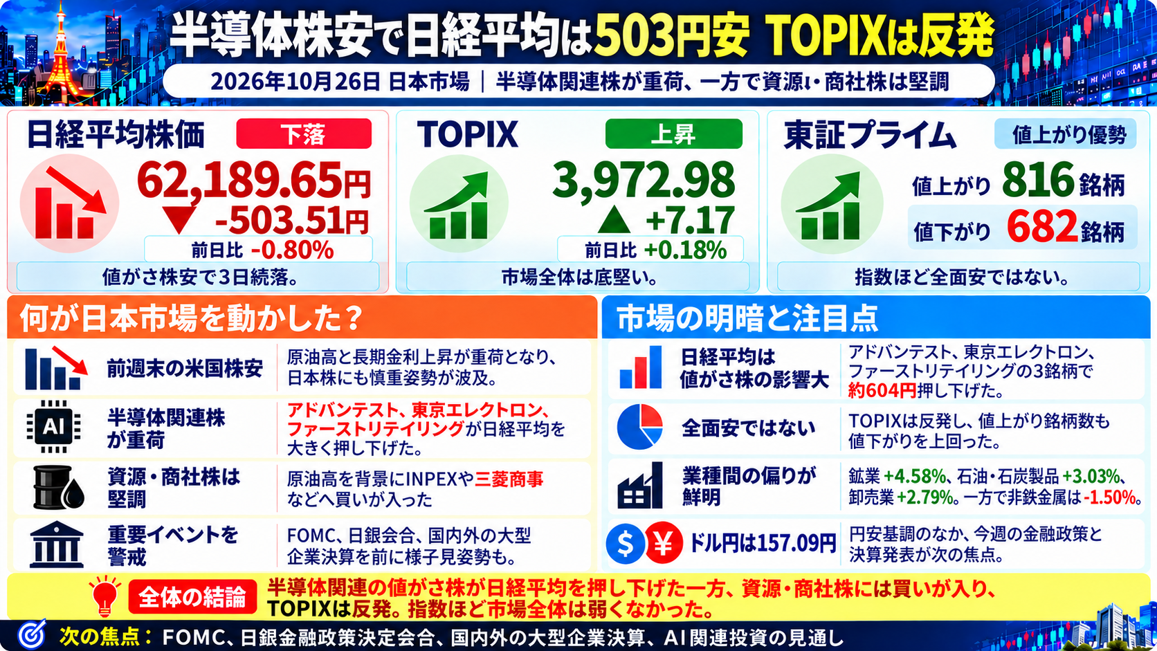 2026年10月26日の日本市場まとめ。日経平均は503.51円安、TOPIXは反発し、半導体関連株が重荷となる一方で資源・商社株が堅調だったことを整理した画像。