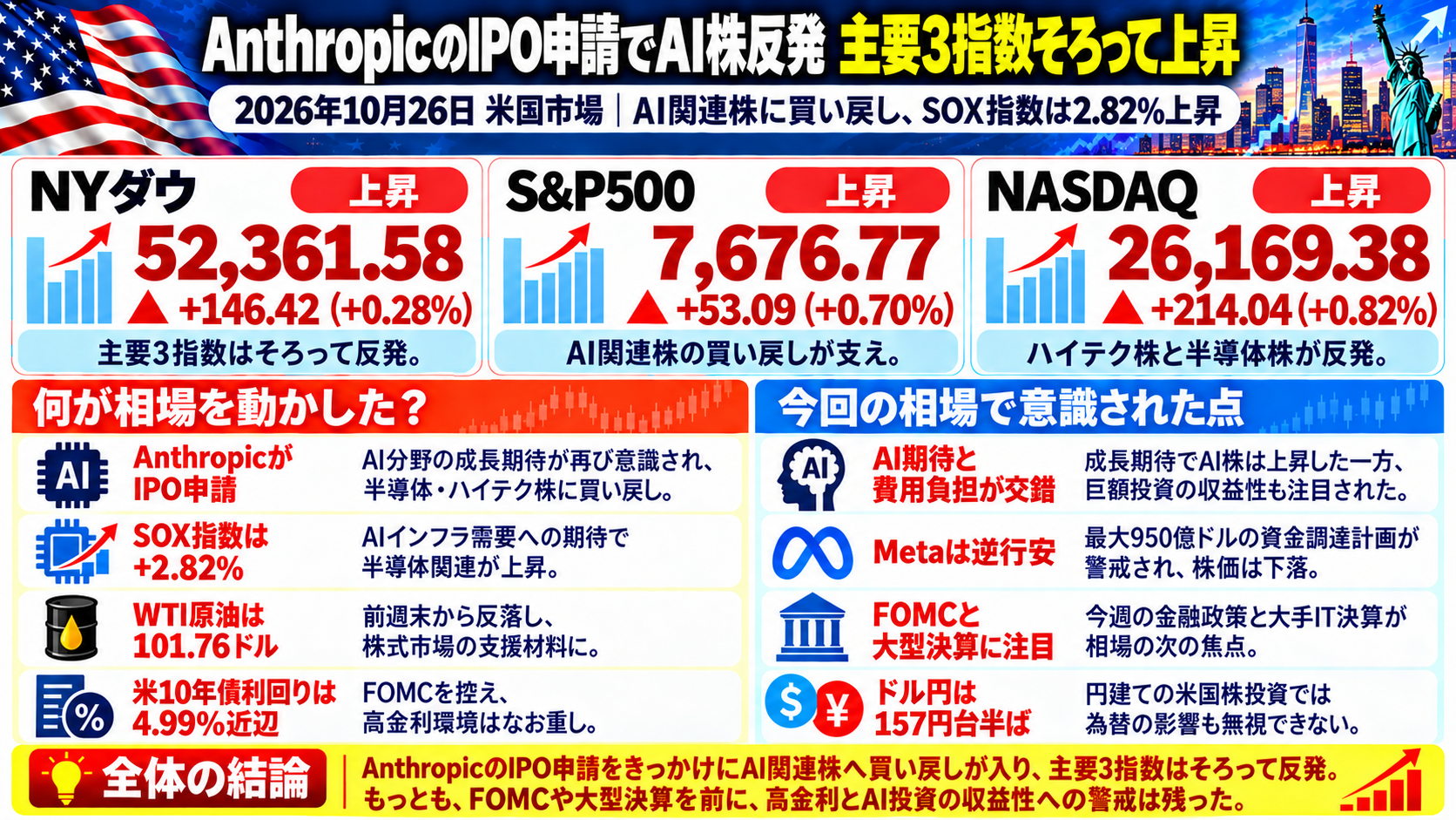 2026年10月26日の米国市場まとめ。AnthropicのIPO申請をきっかけにAI関連株が反発し、NYダウ、S&P500、NASDAQの主要3指数がそろって上昇したことを示す図解