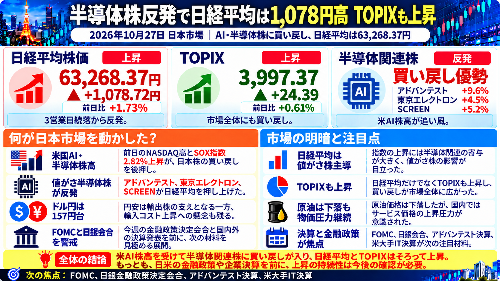 2026年10月27日の日本市場まとめ。米AI株高を受けて半導体関連株に買い戻しが入り、日経平均が1,078.72円高、TOPIXも上昇したことを示す図解