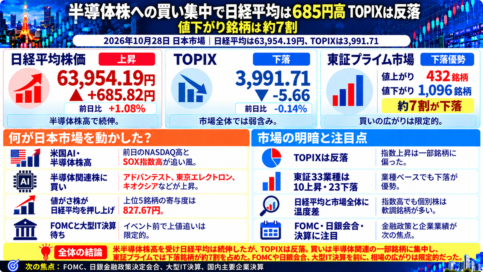 2026年10月28日の日本市場まとめ。日経平均は685.82円高の63,954.19円、TOPIXは5.66ポイント安。半導体株に買いが集中する一方、東証プライム市場は432銘柄上昇、1,096銘柄下落。