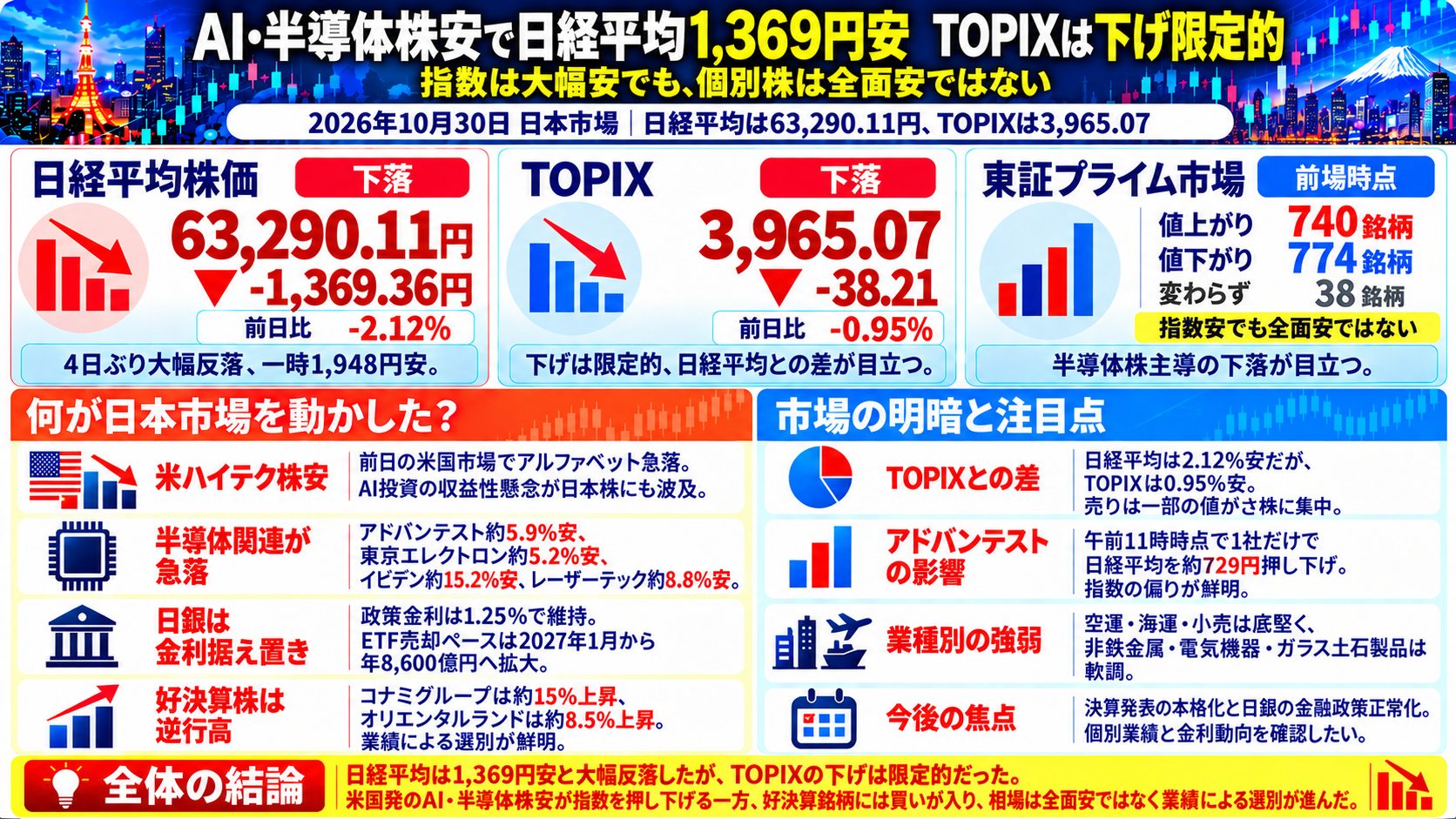 2026年10月30日の日本市場まとめ。日経平均は前日比1,369.36円安の63,290.11円、TOPIXは38.21ポイント安の3,965.07。半導体株安や日銀のETF売却拡大を図解。