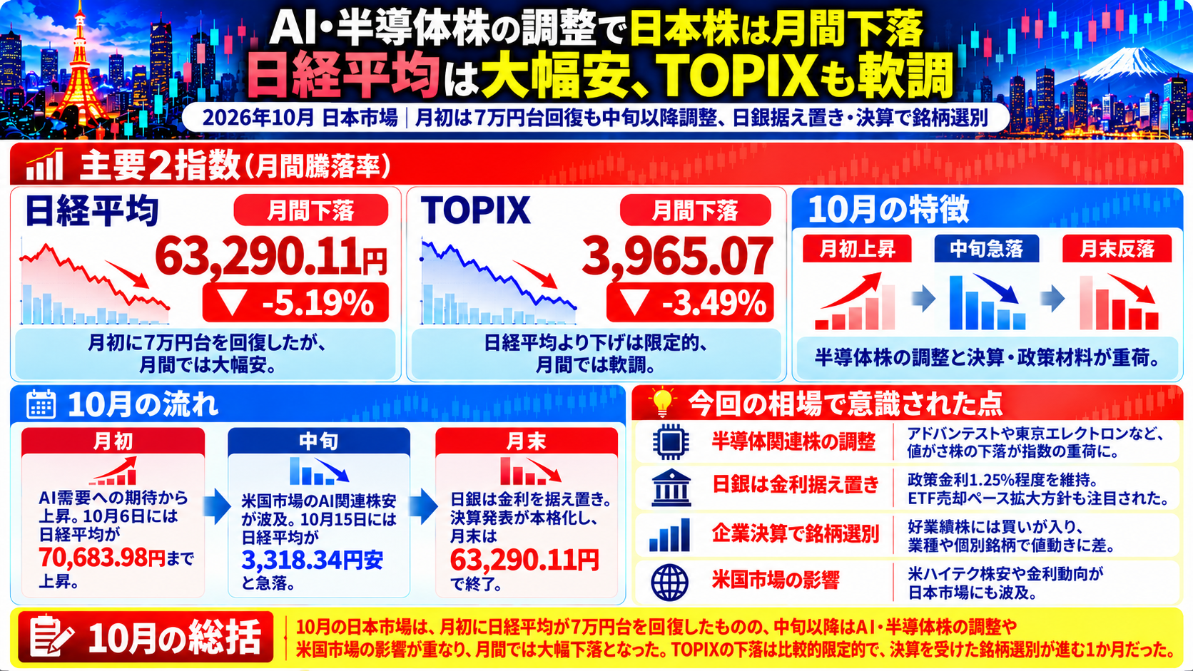 2026年10月の日本市場まとめ。日経平均は月間5.19%下落、TOPIXは3.49%下落。半導体関連株の調整や日銀の金融政策、企業決算の影響を図解。