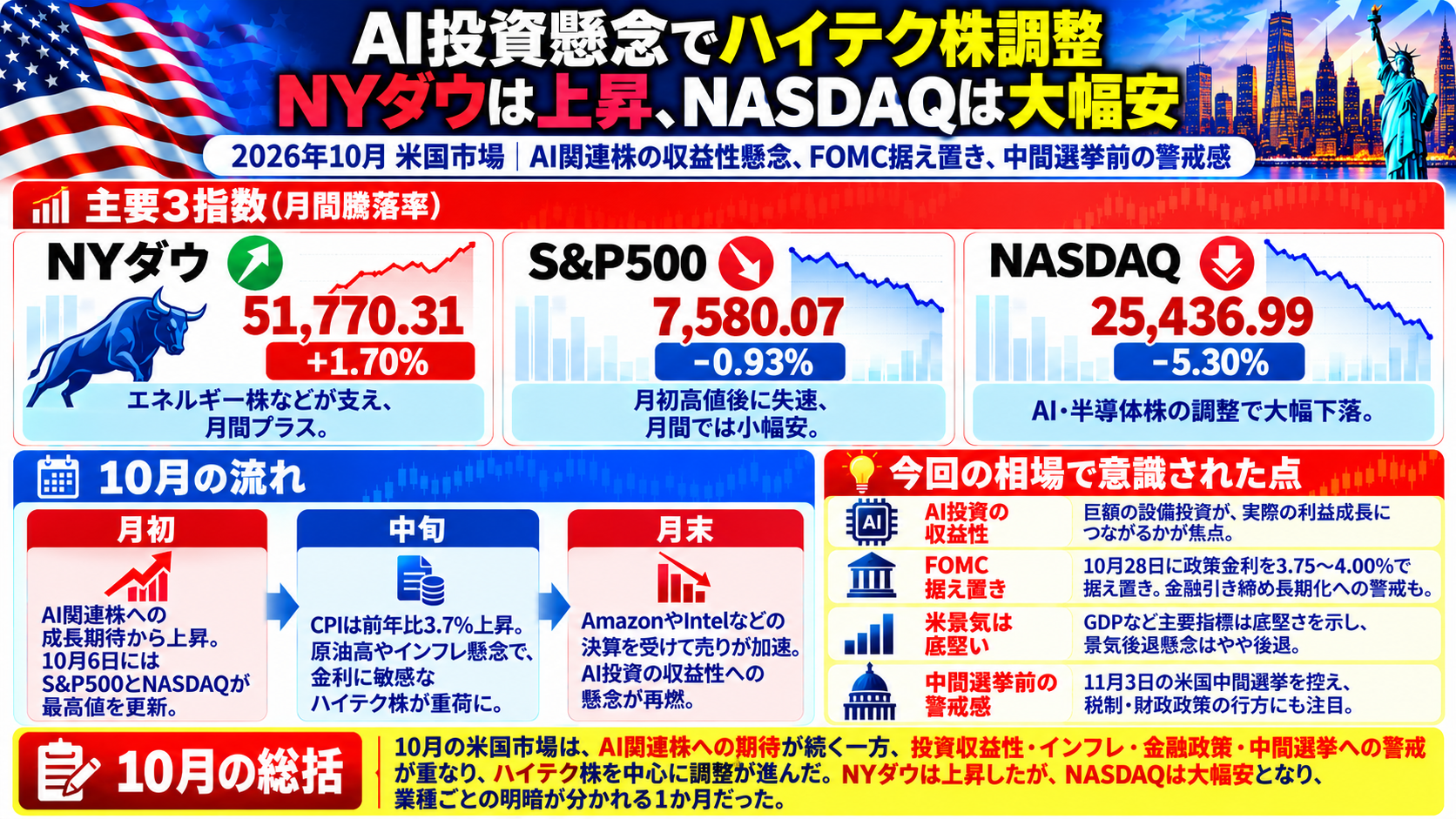 2026年10月の米国市場まとめ。NYダウは月間1.70%上昇、NASDAQは5.30%下落、S&P500は0.93%下落。AI関連株の調整やFOMC、中間選挙前の市場動向を図解。